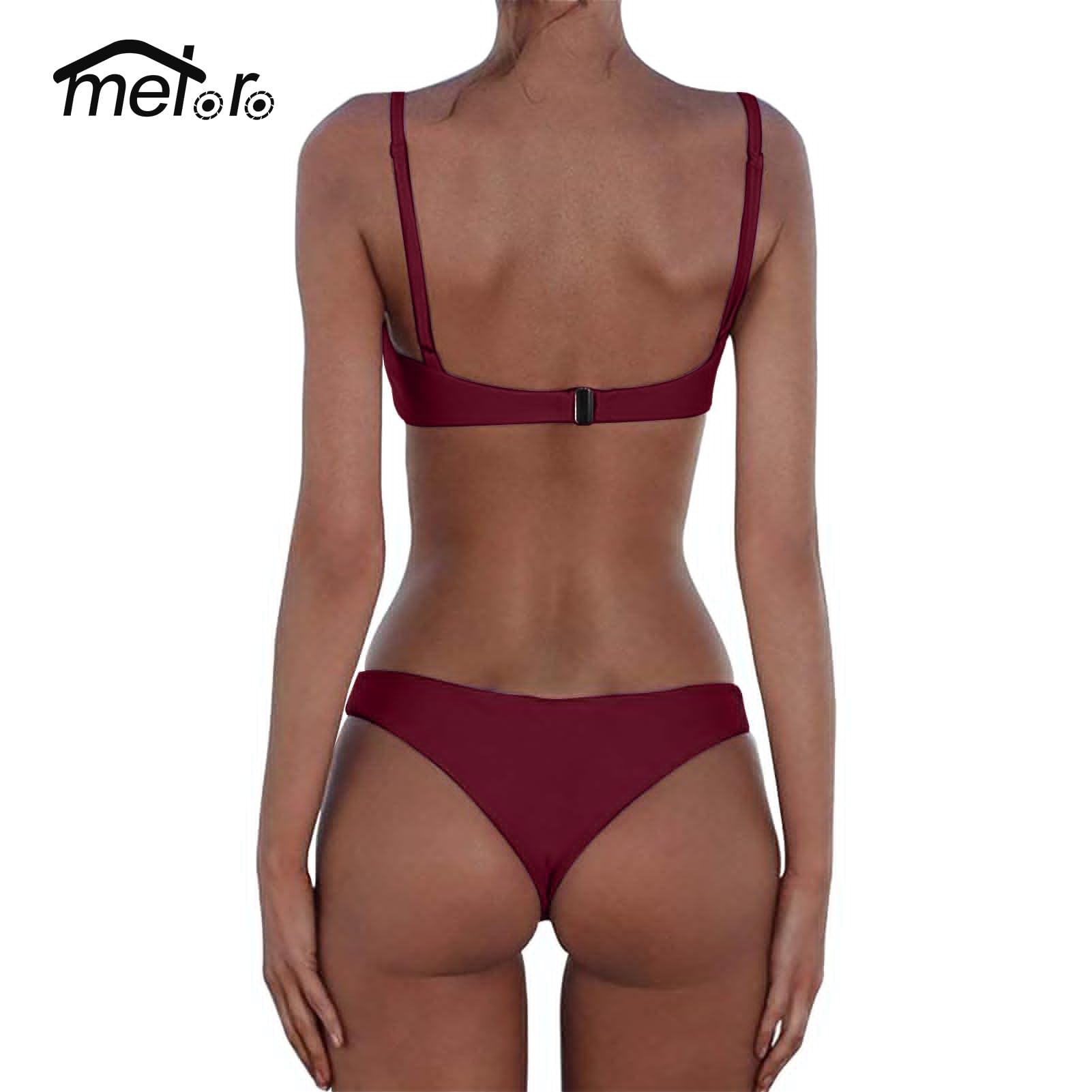 Meioro Bikini Set di costumi da bagno da donna a vita bassa a due pezzi costume da bagno senza bordo perizoma fondo costume da bagno - Rosso - S