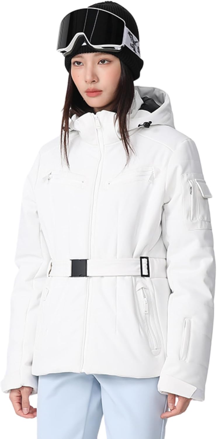 Women Slim Skiing Jackets with Belt Insulated Snowboarding Coat Hooded Snow Coat Elasticity Ski Jacket