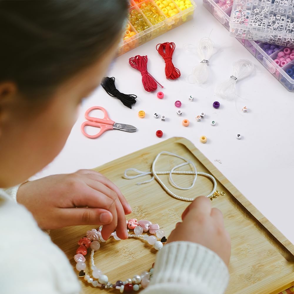 Beadiebling 4000 Pcs 6 * 9mm Pony Beads Bulk in 48 Colors - Friendship Bracelet Making Kit with 2400 Plastic Beads & 1600 Letter Beads in 3 Storage Boxes with 2X Strings, 3X Braided Ropes & Scissor