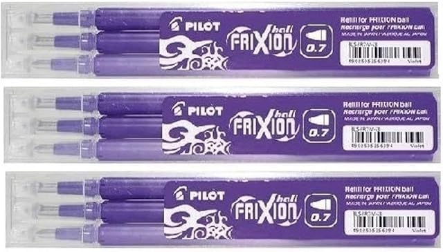 Pilot Purple / Violet Frixion Rollerball Erasable Pens Pen Refills Replacement Spare Ink BLS-FR7 (Pack Of 3 - 9 Refills)