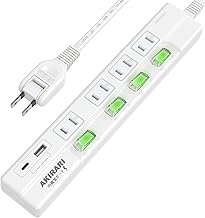 AKIRARI Power Strip with USB Extension Cord, 3.3 ft (1 m), Outlet Tap, 4 AC Outlets, 1 USB, 1 Type C Port, Quick Charging, 4 Ports, Lightning Guard, Dust Protection Shutter, Switch Power Strip, Table