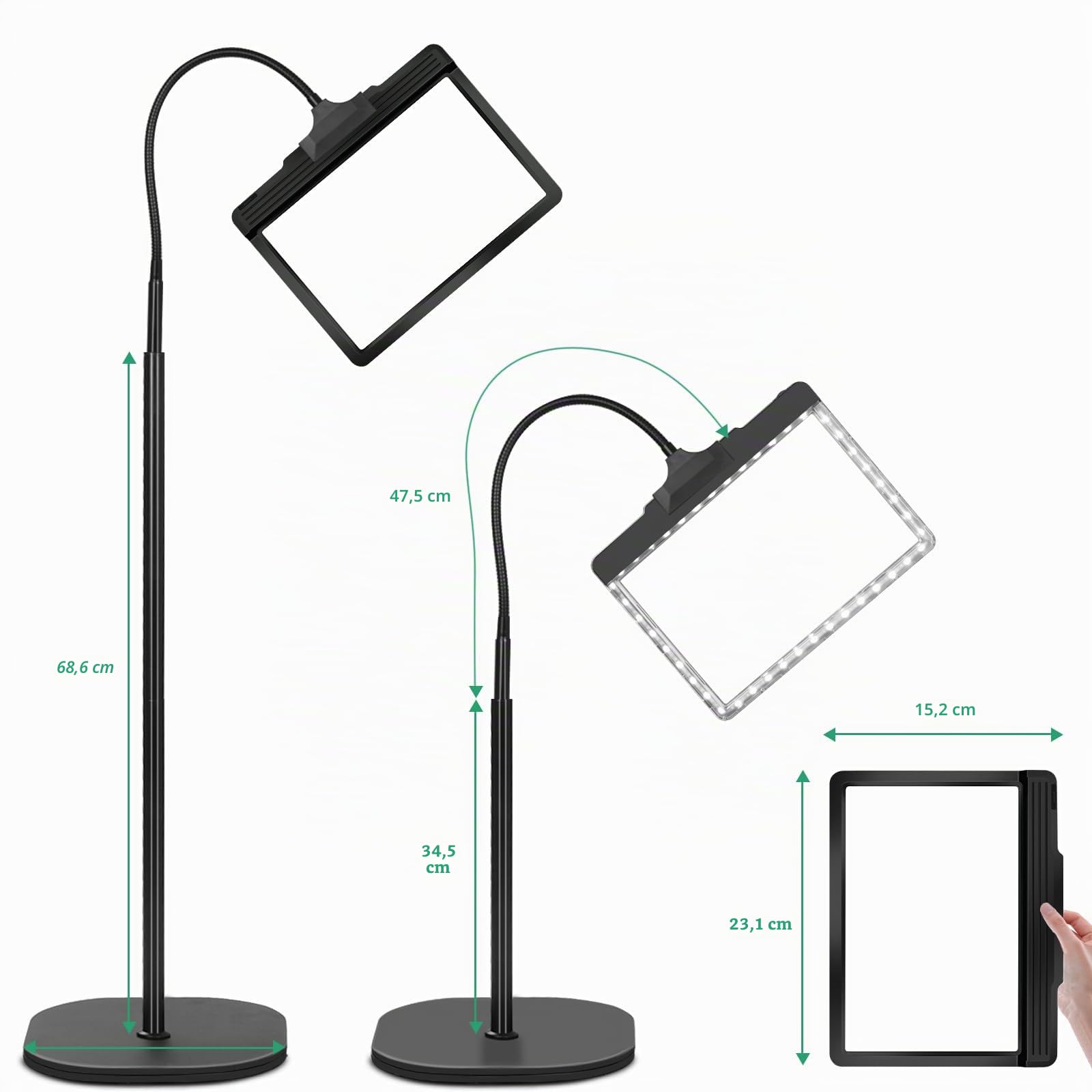 NZQXJXZ 5X Lupe mit Licht und Ständer, 3-in-1 Wiederaufladbare Lupenlampe | mit 43 Einstellbaren Helligkeits-LEDs, Flexible Schwanenhals Lupenleuchte für Lesen, Nähen, Handwerk, DIY & Arbeit Schließen