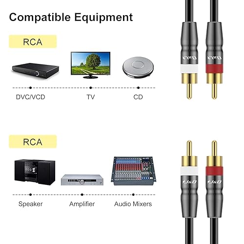 Miniatura 3 de J&D 2 cables RCA a 2 RCA, carcasa de cobre chapado en oro 2RCA macho a 2RCA macho, cable RCA de audio estéreo, 3 pies