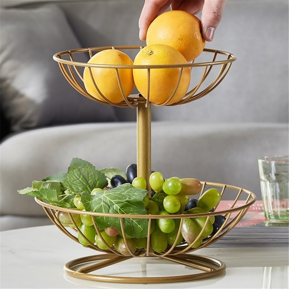 Estantes de frutas Estante for cesta de frutas metal for encimera, soporte for y verduras, grande dos capas(Gold)
