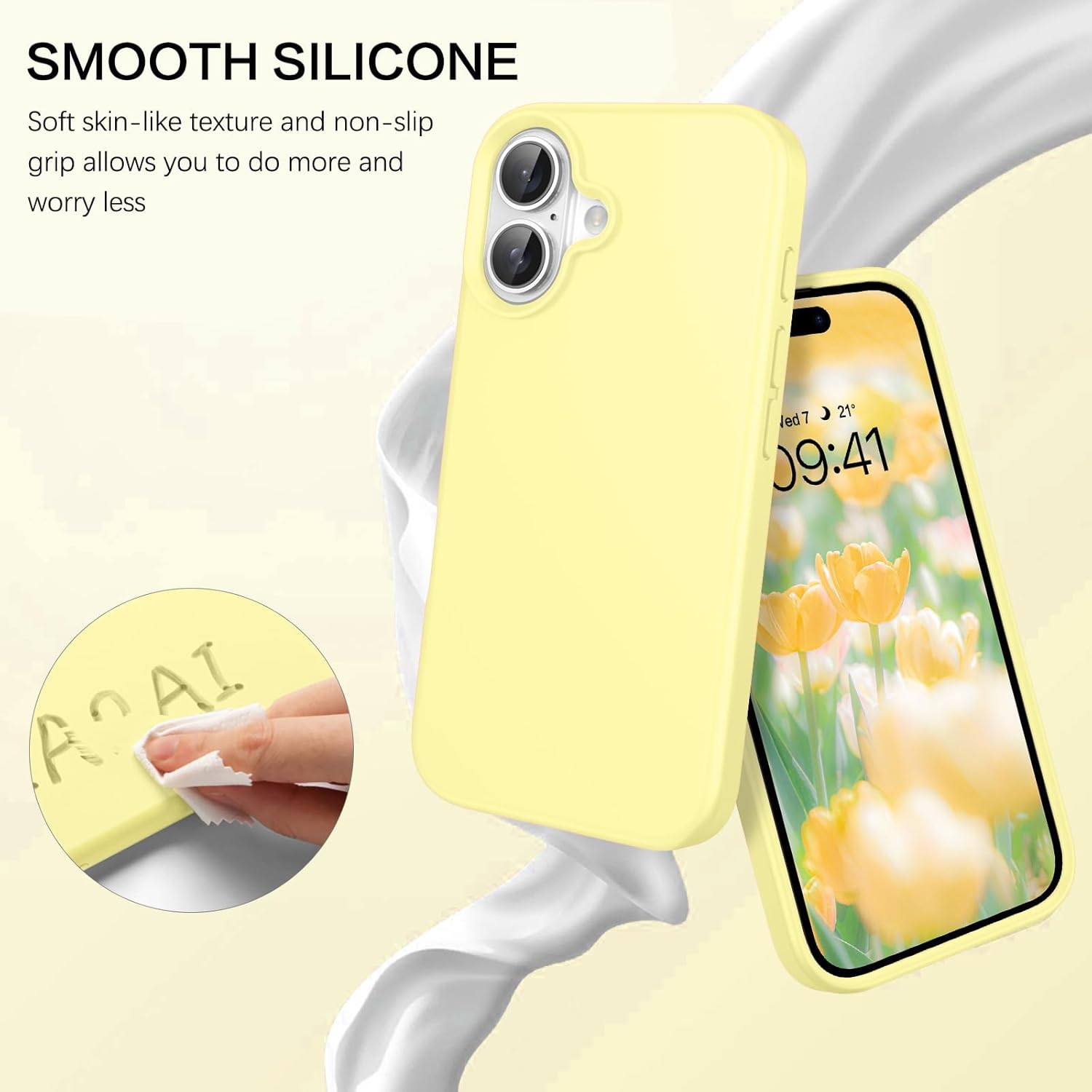 GUAGUA Case for iPhone 16 Yellow Liquid Silicone Soft Gel Rubber Slim Thin Microfiber Lining Cushion Texture Cover, Shockproof Protective Anti-Scratch Phone Case for iPhone 16, Butter Yellow - Image 2