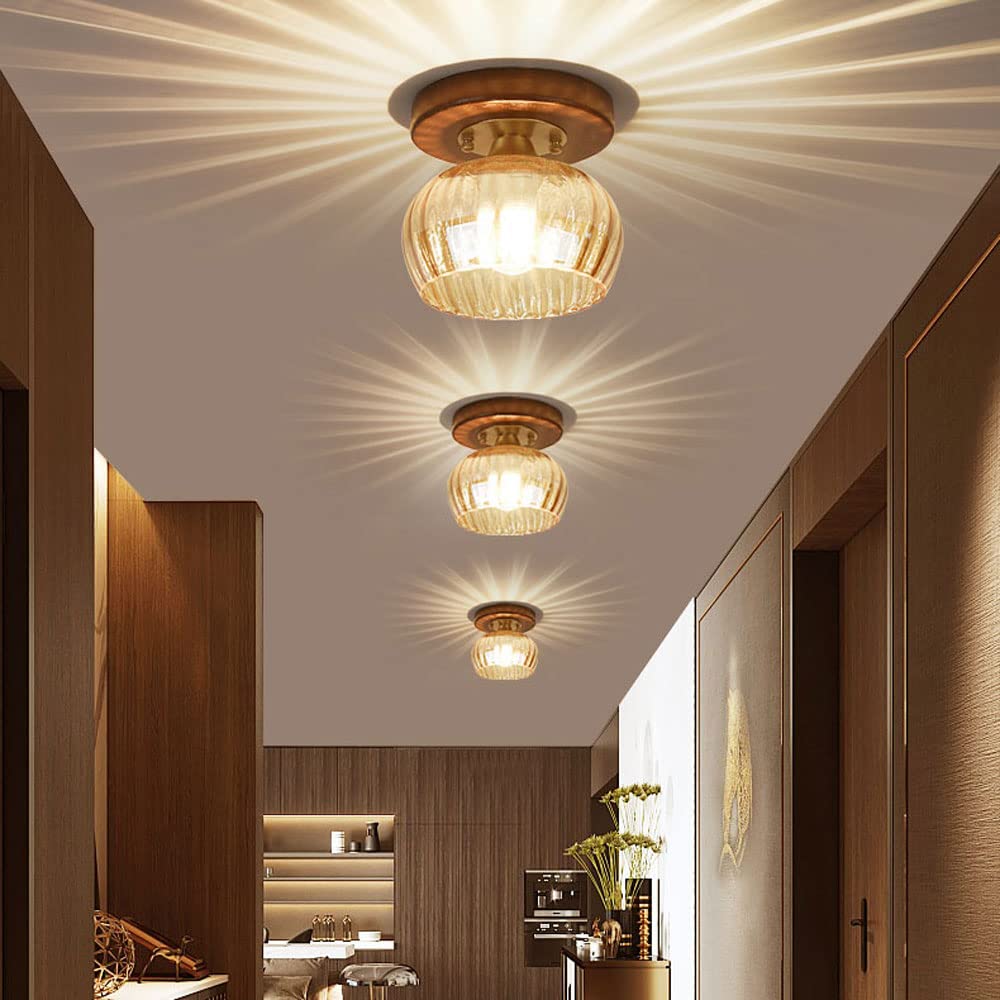 Siet Lampa sufitowa w stylu vintage, oprawa oświetleniowa do przedpokoju, drewno orzechowe Lampa sufitowa do montażu podtynkowego z przezroczystym kloszem ze szkła żebrowego, korytarz Kuchnia zbliżone