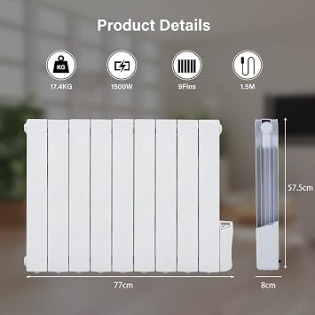 BTGGG 1500W Electric Oil Filled Radiator Wall Mounted with Timer,White