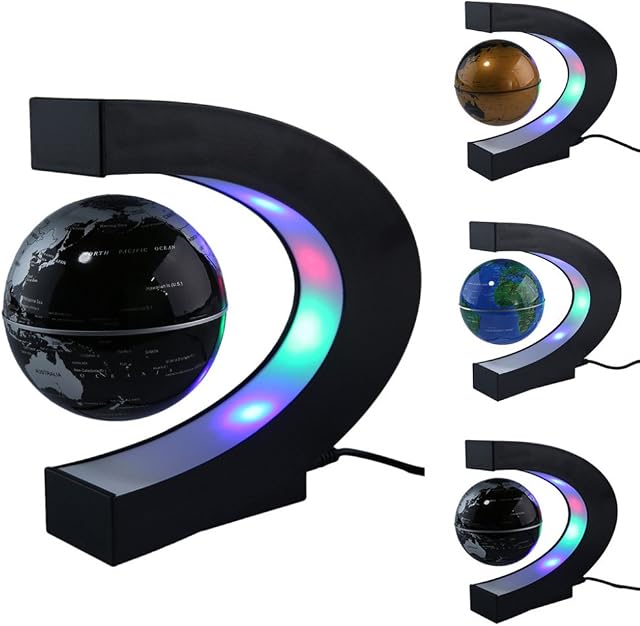 Floating Globe with Colored LED Lights C Shape Anti Gravity Magnetic Levitation Rotating World Map for Children Gift Home Office Desk Decoration (Black, Without switch)