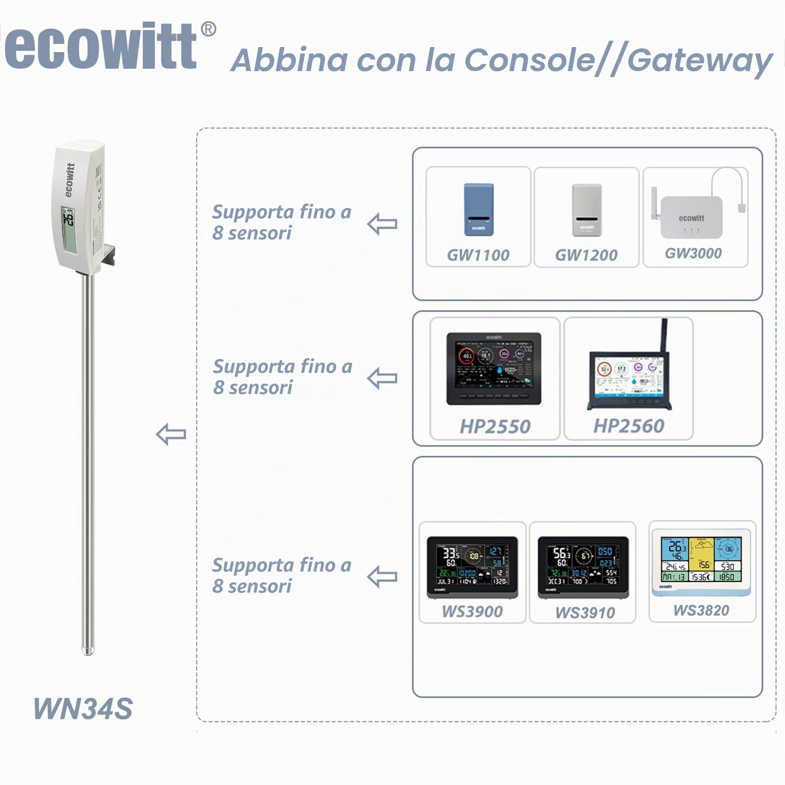 ECOWITT WN34 - Sensore di temperatura del suolo, impermeabile, con display LCD, sensore di temperatura da 30 cm, per giardino, fattoria, prato, interno ed esterno