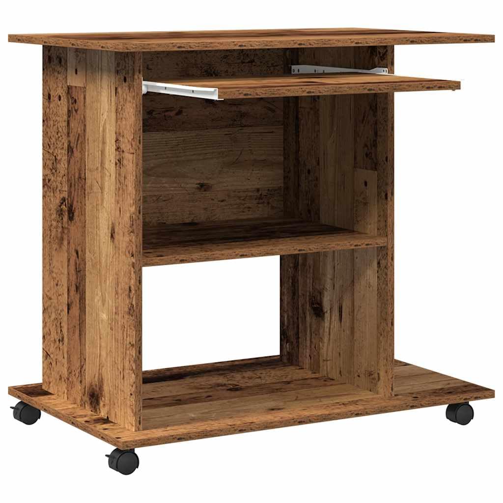 Générique Scrivania per computer vecchio legno con ruote, tavolo compatto per computer portatile e ufficio, legno di ingegneria resistente all'umidità, spazio di archiviazione con tastiera