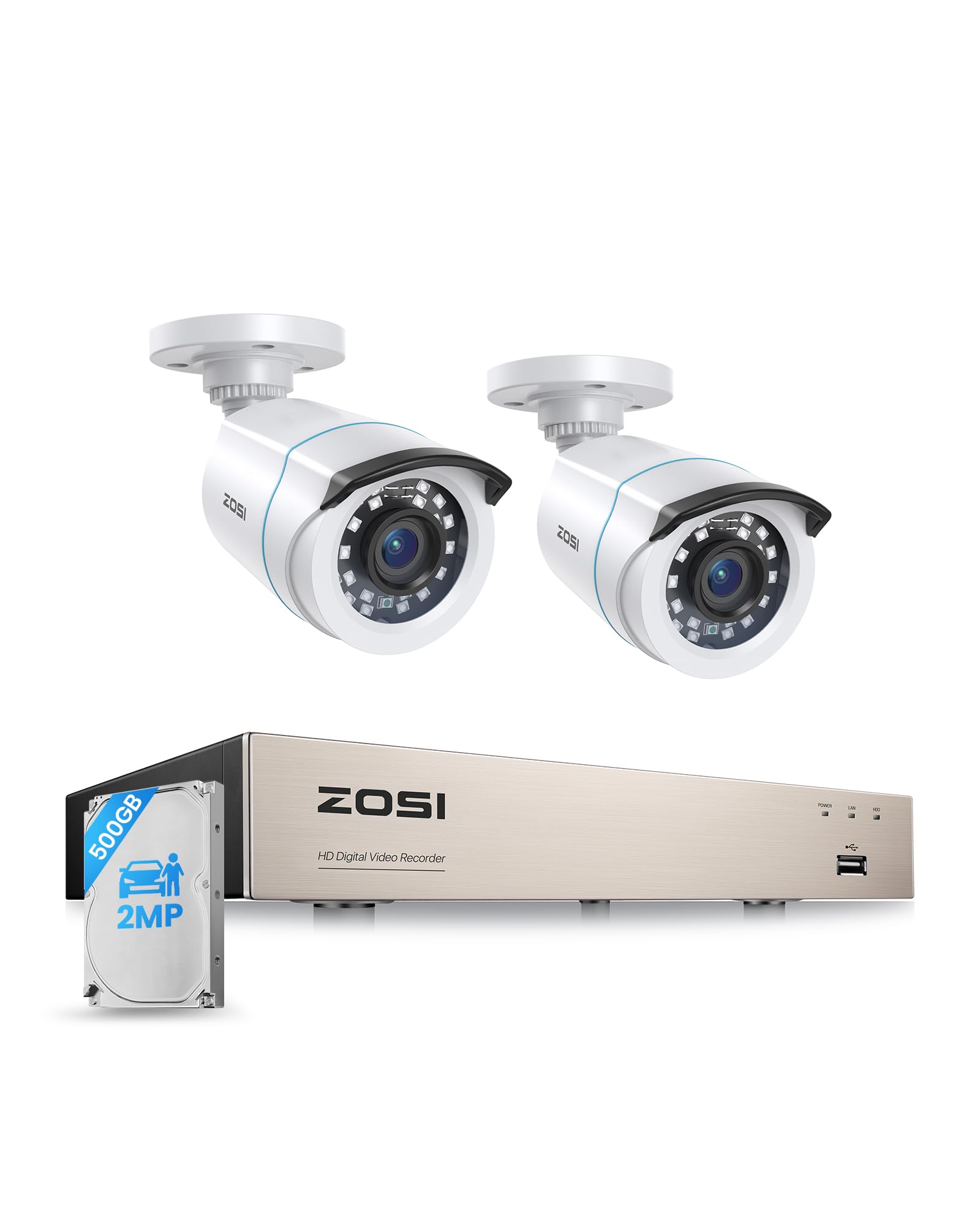 ZOSI Sistema CCTV 1080P 2MP DVR 8CH 2 Cámara de Seguridad Cableada con Disco Duro 500GB Visión Nocturna