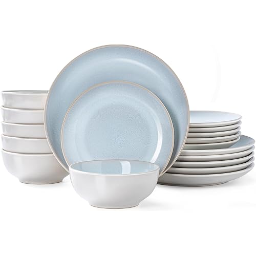 Plates and Bowls Sets for 6 - CJDC-QUELO 18-Piece Stoneware Dinnerware Sets, Ceramic Dishware Set for Kitchen Use and Formal Dining, Chip and Scratch Resistant Microwave Dishwasher Safe, Off White