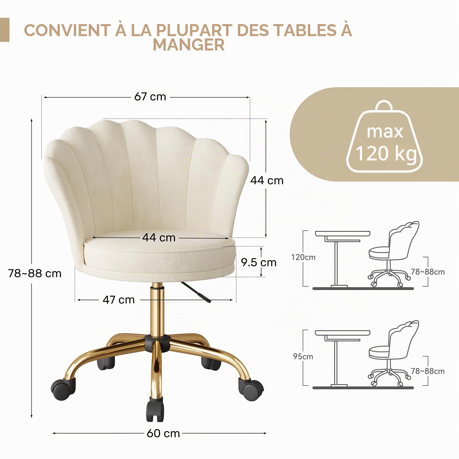 Chaise Coiffeuse Velours Hauteur Réglable Pivotante Pieds Métal Ergonomique Bureau 120 kg Beige
