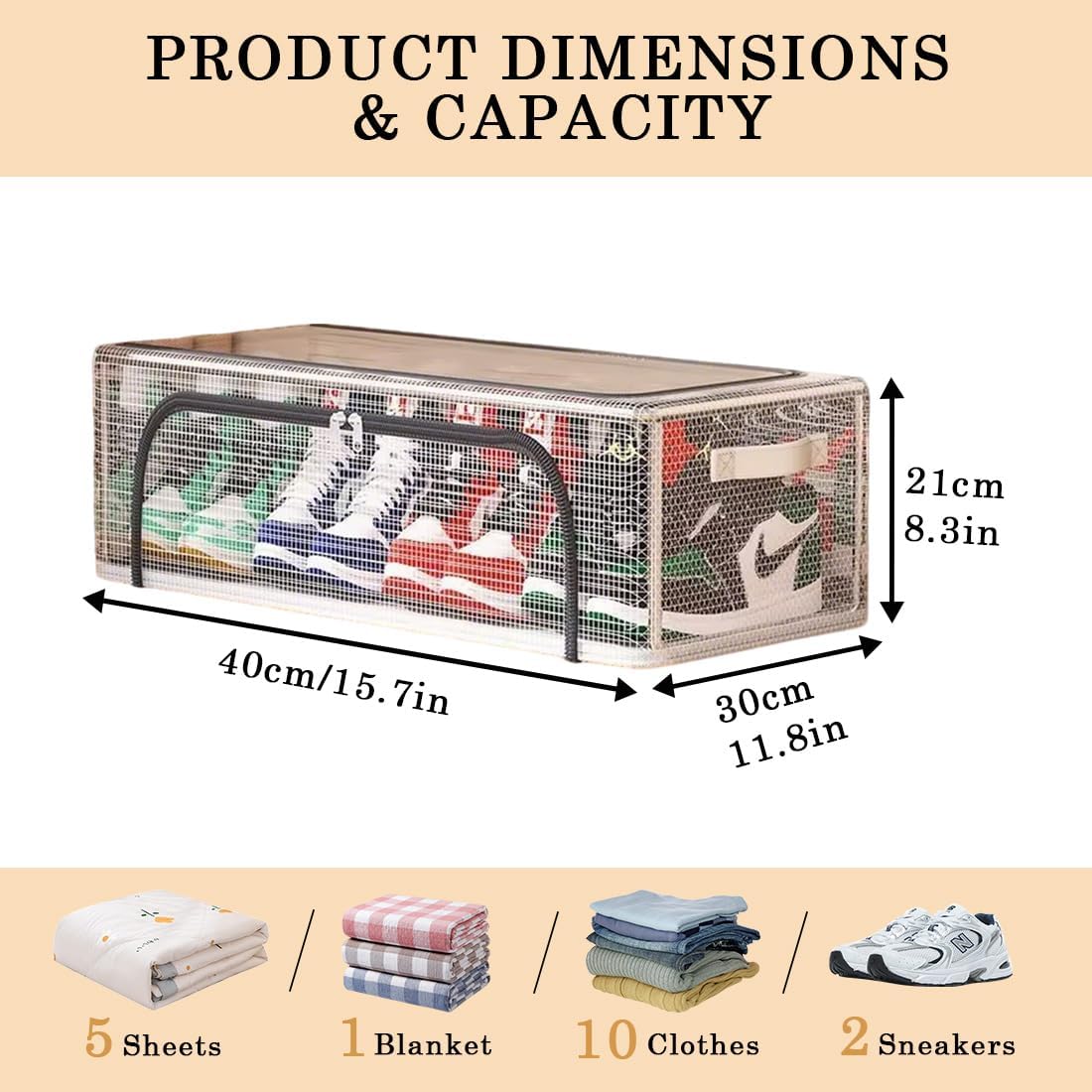Clear Under Bed Shoe Storage Organizer Foldable Shoes Containers Boxes with Clear Window and Sturdy Handles Transparent Underbed Shoe Storage Boxes Bins with Zipper Set of 3 Two Windows