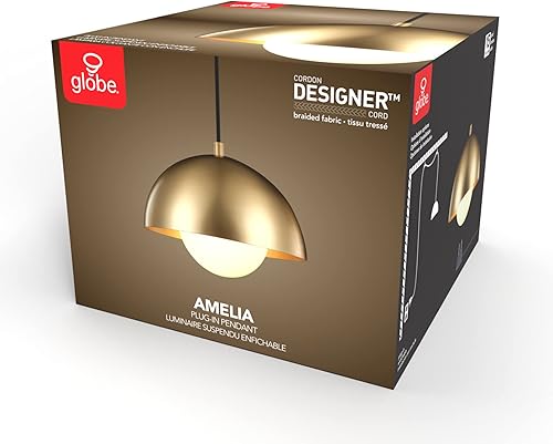Miniatura 9 de GLOBE Electric Lámpara colgante enchufable de 1 luz, acabado de latón mate, pantalla de vidrio esmerilado, cable trenzado de 15 pies, iluminación