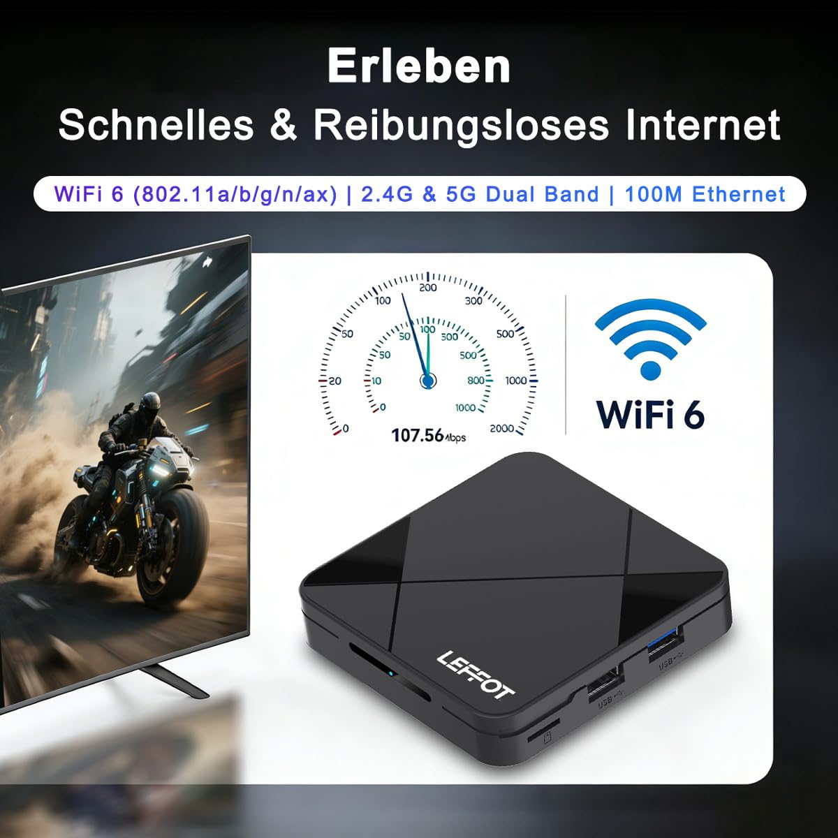 4K UHD Android 14.0 TV Streaming Box 2026, 2GB RAM + 16GB ROM | IP-TV Box Mit Sprachsteuerung, 2.4G/5G WiFi 6, BT 5.4, USB 3.0, 100M Ethernet, HDR10, RK3518 Quad-Core A53