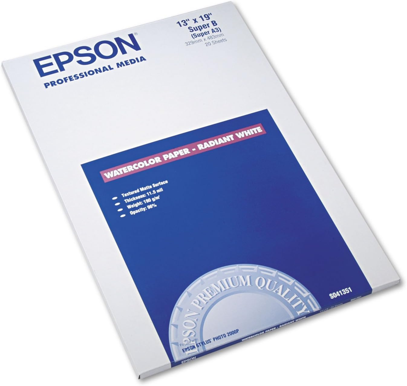 Epson Watercolor Radiant White Inkjet Paper, 11.5 Mil, 13 X 19, Matte White, 20/Pack