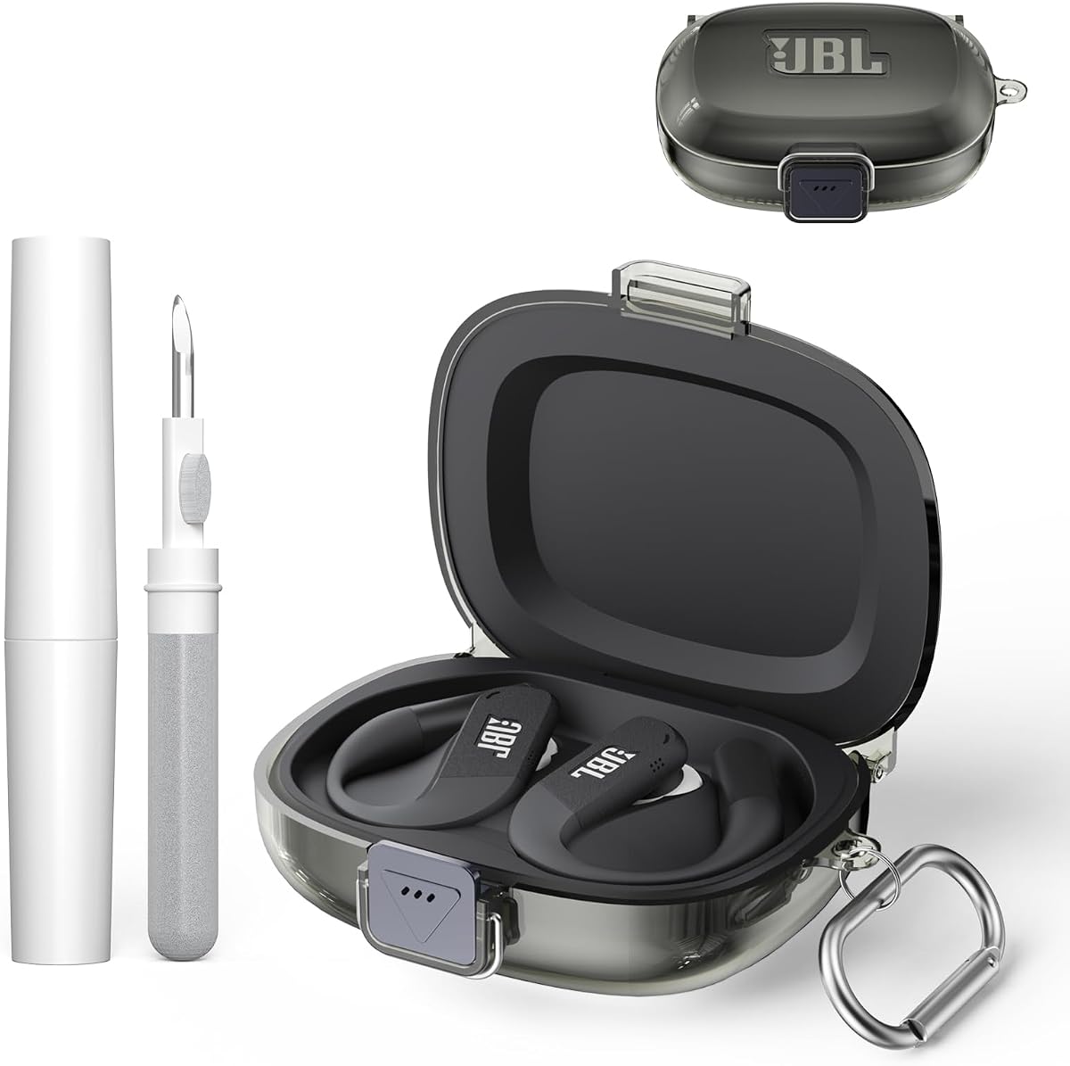 Safety Lock for JBL Endurance Peak 4 Case Cover with Carabiner, Shockproof Scratch Resistant Clear TPU Protective Cover for JBL Endurance Peak 4 Charging Case with Cleaning kit (Clear Grey)