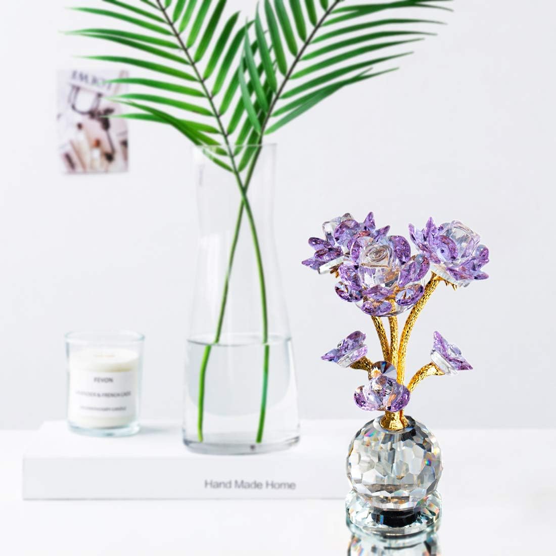 QFkris Purple Crystal Rose Flower Figurine Collectible Statue 6" Glass Flowers with Stems Ornament Home Decor for Valentines Day Thanksgiving,Christmas,Wedding,Mothers Day,Centerpiece,Gift for Women - Image 4