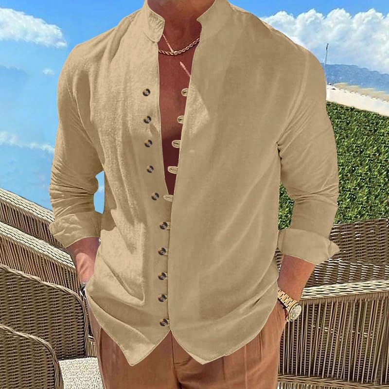 Men's Retro Casual Shirt - Long Sleeve Button Down Stand Collar Loose Fit Plain Shirt for Vacation Wear - Image 2