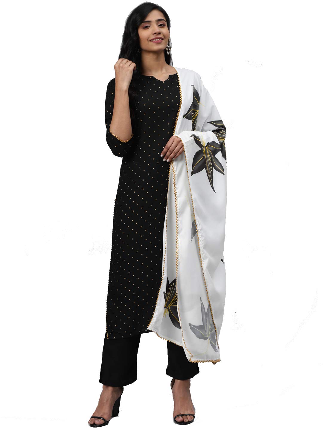 GoSriKi Women Black & Golden Polka Print Kurta with Trousers & Dupatta in black