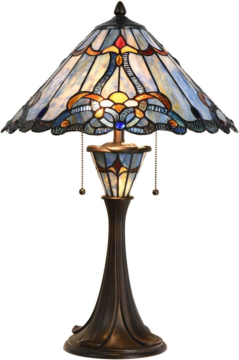 Bieye L10684 Baroque Tiffany Style Stained Glass Table Lamp with 16 inch Wide Blue Shade Double Lit for Bedside Living Room Bedroom, 24.5 inch Tall