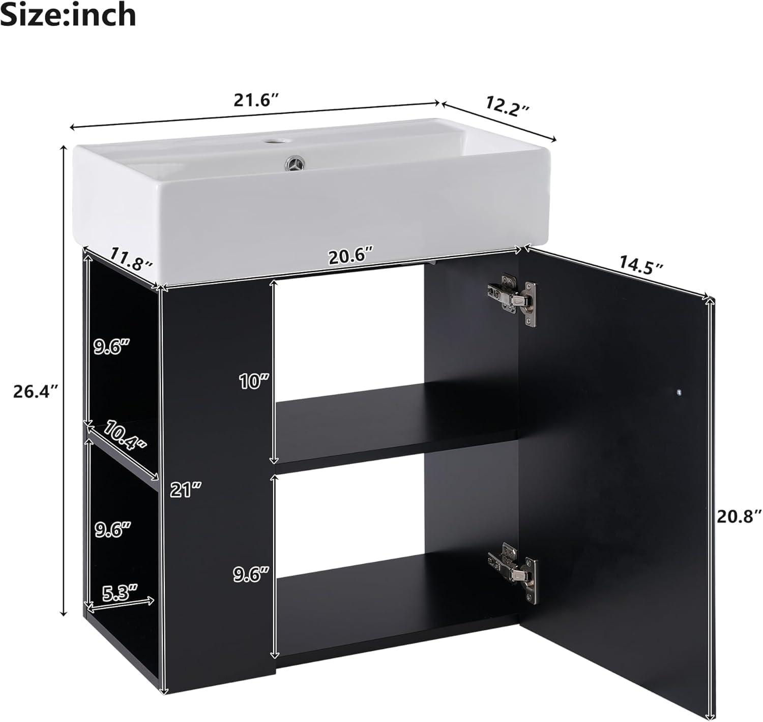 Virubi 21.6 in Floating Bathroom Vanity with Sink,Soft Closing Doors,Solid Wood Frame & MDF Modern Single Small Black Bathroom Vanity Cabinet with Open Shelf,Wall Mounted