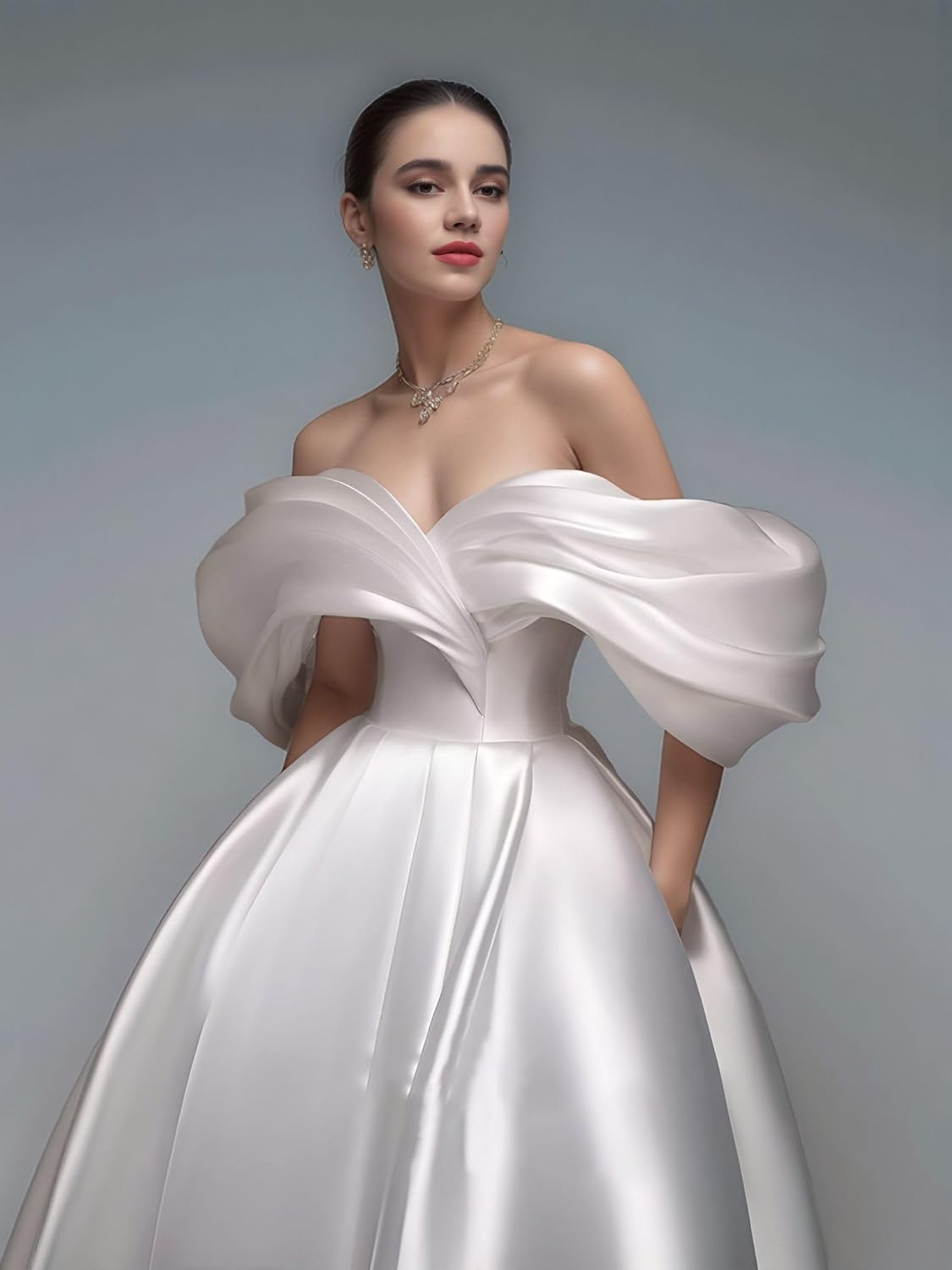 Off Shoulder Tea Length Prom Dress for Women Elegant Satin A Line Puffy Formal Evening Ball Gowns with Pockets LB104
