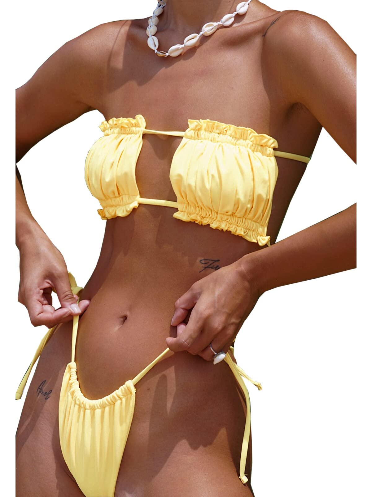 BIKINXWomen's Sexy Bandeau Thong Yellow Bikini Set Tie Side Bottom Two Piece Swimsuit Bathing Suit