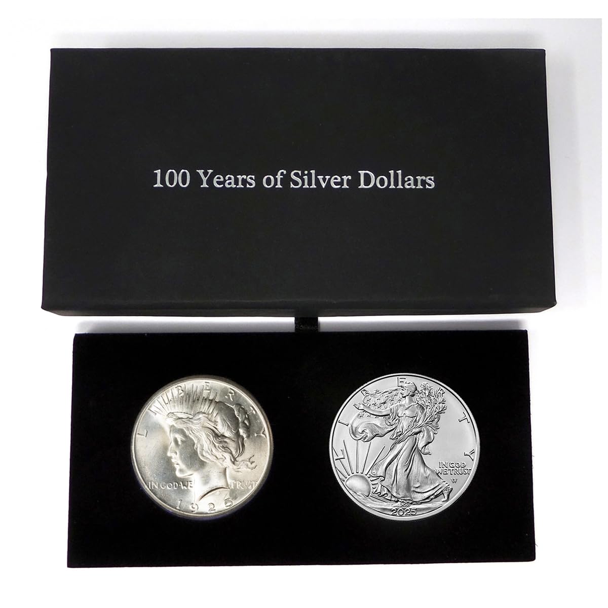 2025 - and 1925 Peace Dollar in 100 Year Silver Dollar Set in Specialty Felt Lined Black Box Uncirculated