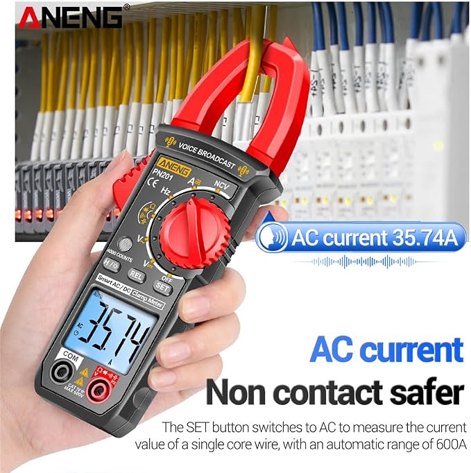 PN201 Voice Meters Pinza Amperimétrica Multímetro Medidor de Corriente DC/AC Voltaje Probador 4000 Contajes Multímetro NCV Ohm Capacitancia Con Herramientas de Prueba de Línea Combinada - Con Caja miniatura 3
