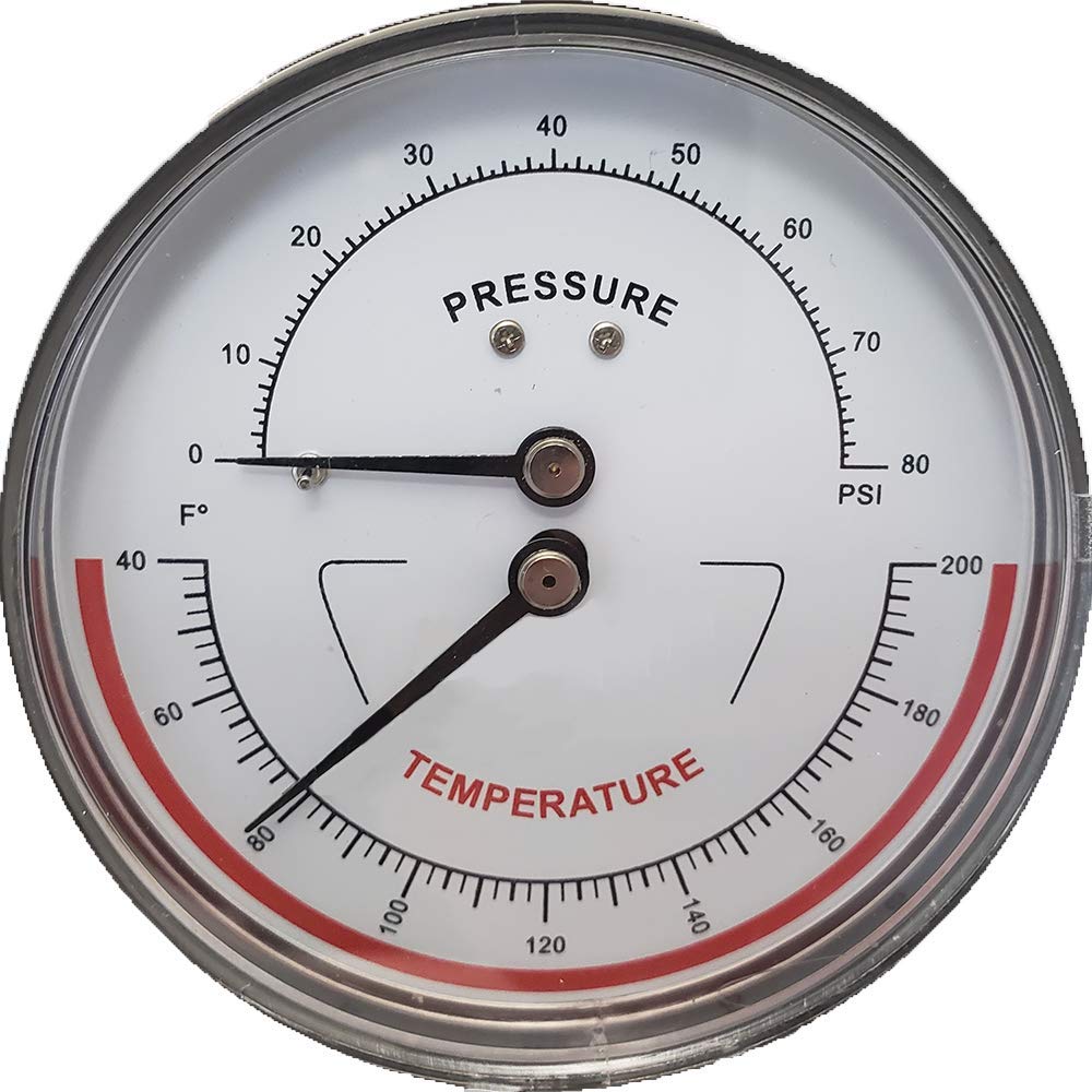 Tridicator, 1/2" NPT Connection, 3" Dial, 40-200° F / 0-80 PSI, Check Valve, Pressure-Temperature Gauge