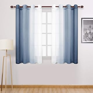 DWCN Ombre Short Sheer Curtains - Faux Linen Semi Voile Gradient Light-Filtering Bedroom and Living Room Curtains, Set of 2 Grommet Top Window Drape Panels, 52 x 45 Inch Length, Denim Blue