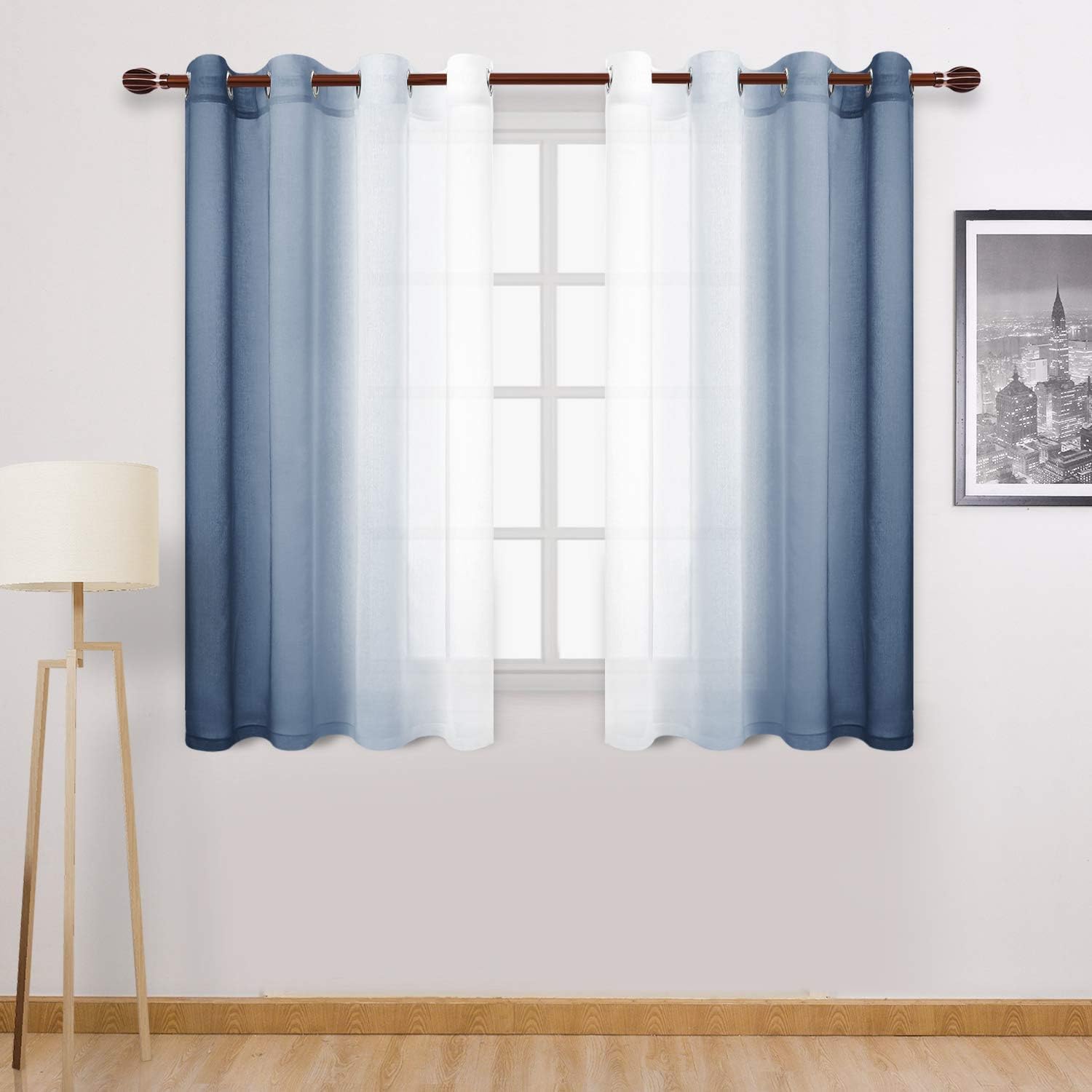 DWCN Ombre Short Sheer Curtains - Faux Linen Semi Voile Gradient Light-Filtering Bedroom and Living Room Curtains, Set of 2 Grommet Top Window Drape Panels, 52 x 45 Inch Length, Denim Blue