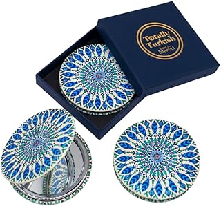Totally Turkish Metal Compact Mirror  Small Folding Round Mirror With Magnetic Close  1x & 2x Magnification  For Handbags, Make-Up, Travel & Commutes  Bright & Funky Geometric Pattern (Amphora)