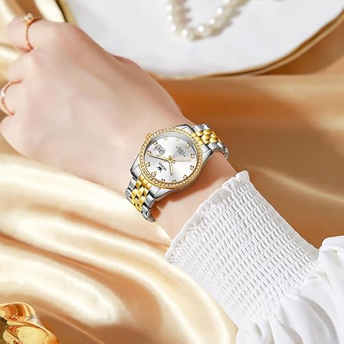 Miniatura 7 de OLEVS Reloj de acero inoxidable para mujer, estilo vintage, dorado, plateado, de dos tonos, analógico, de cuarzo, casual, impermeable, con
