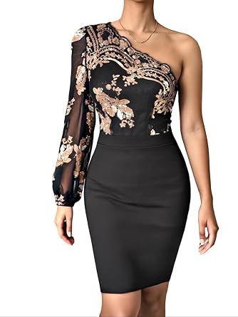 Women Floral Pattern Contrast Sequin Bodycon Mini Dress Sheer Mesh Long Sleeve Cocktail Party Short Dress