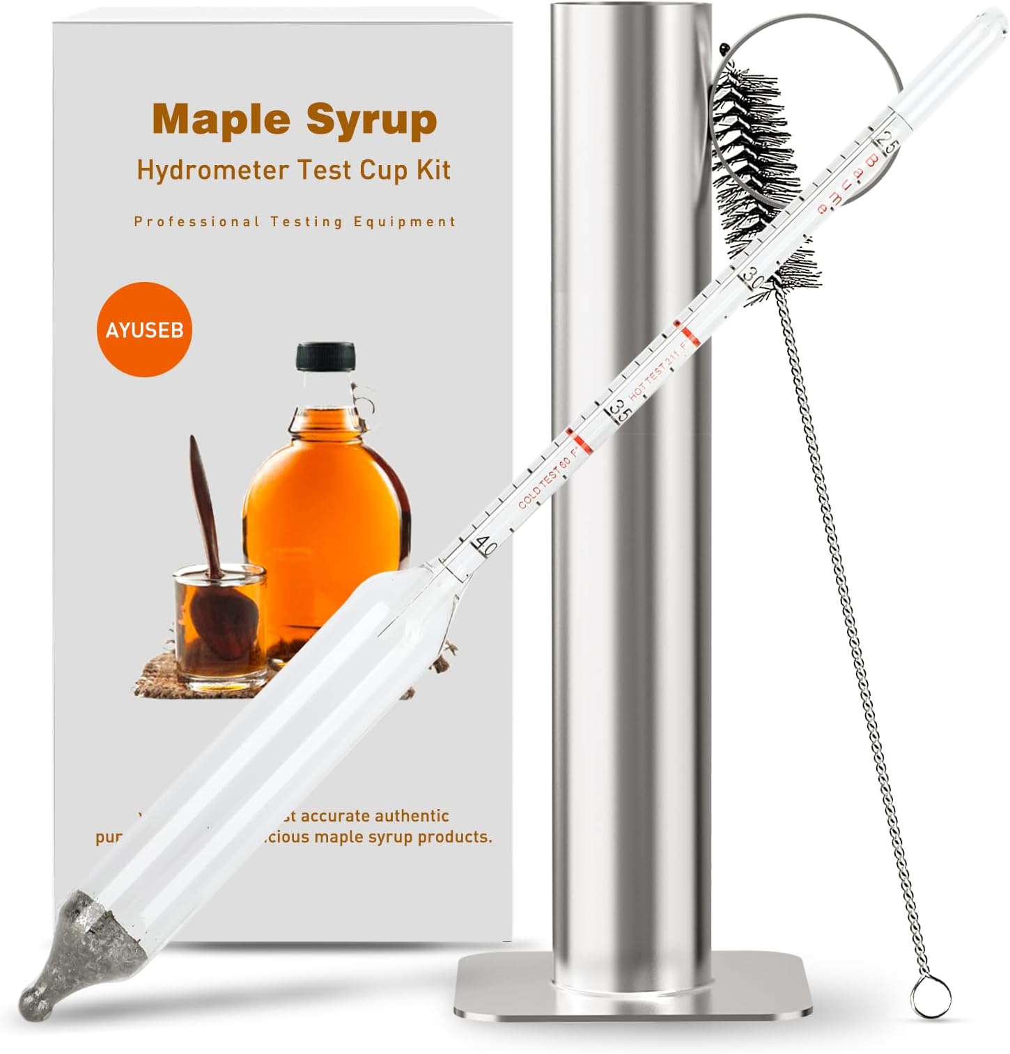 Maple Syrup Hydrometer Test Cup Kit - Maple Syrup Density Kit, Baume and Brix Scale, Stainless Steel Maple Syrup Kit with Cleaning Brush - Calibrated to Create Pure Maple Syrup