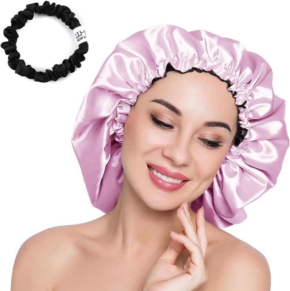 Stain Bonnet Silky Sleep Cap Adjustable Satin Cap for Night Sleeping Hair Bonnet Reversible Double Layer X-Large Size Light Purple/Black