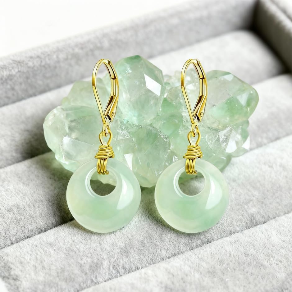 Natural Jade Circle Drop Earrings,14K Yellow Gold Plated Round Good safety buckle Stone Gemstone Dangle Drop Earrings for Women - Image 6