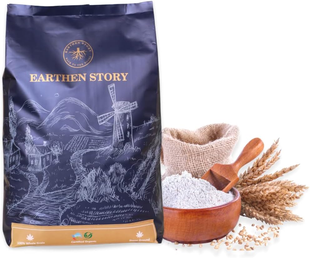 Earthen Story Certified Organic Whole Wheat Atta 5kg | Stone Ground Chakki atta | 100% Whole Grain flour with bran, rich in fibre, used for making rotis, cake, bread, pizza and baking