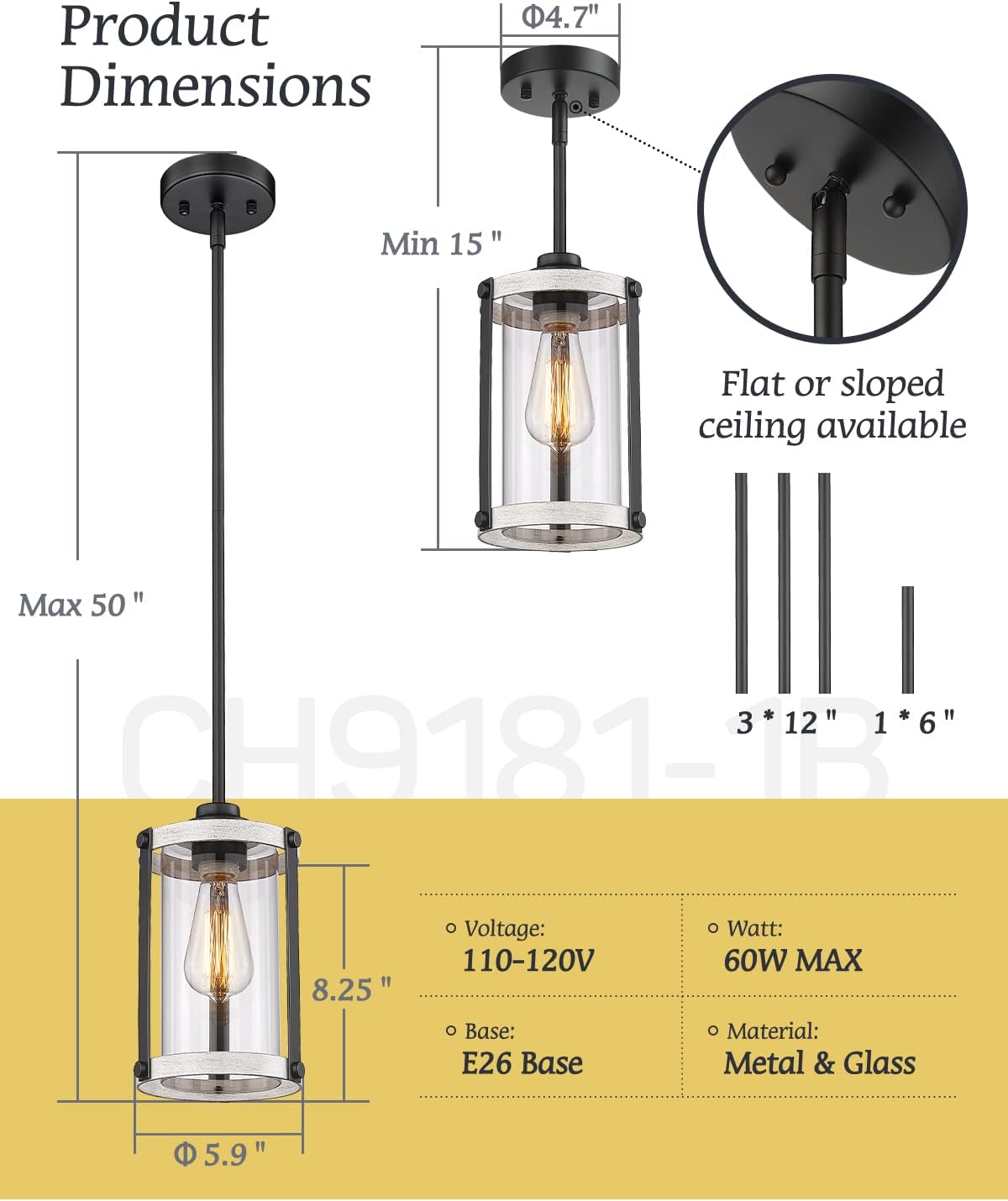 Farmhouse Pendant Light Fixtures, 1-Light Rustic Oak White Pendant Light Fixtures, Mini Glass Hanging Lighting with Rod for Kitchen Island Bar Bedroom, Adjustable Length, OS-3015