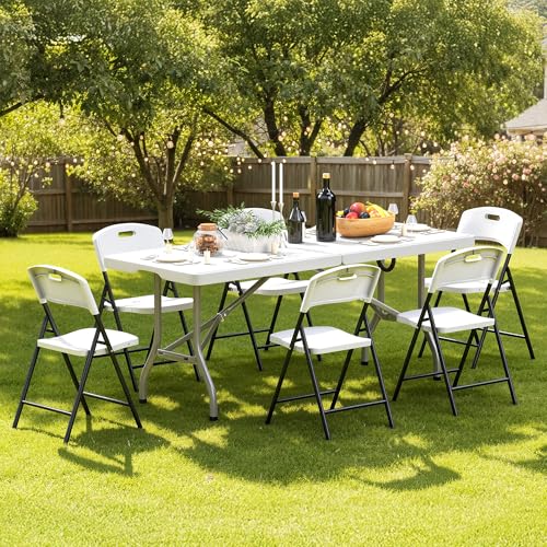 70.5" Foldable Outdoor Dining Set with 6 Fully assembled Dining Chairs for Easy Storage, Portable Patio Table and Chairs Set for Camping Picnic, Heavy Duty Patio Table Set for Garden Yard.