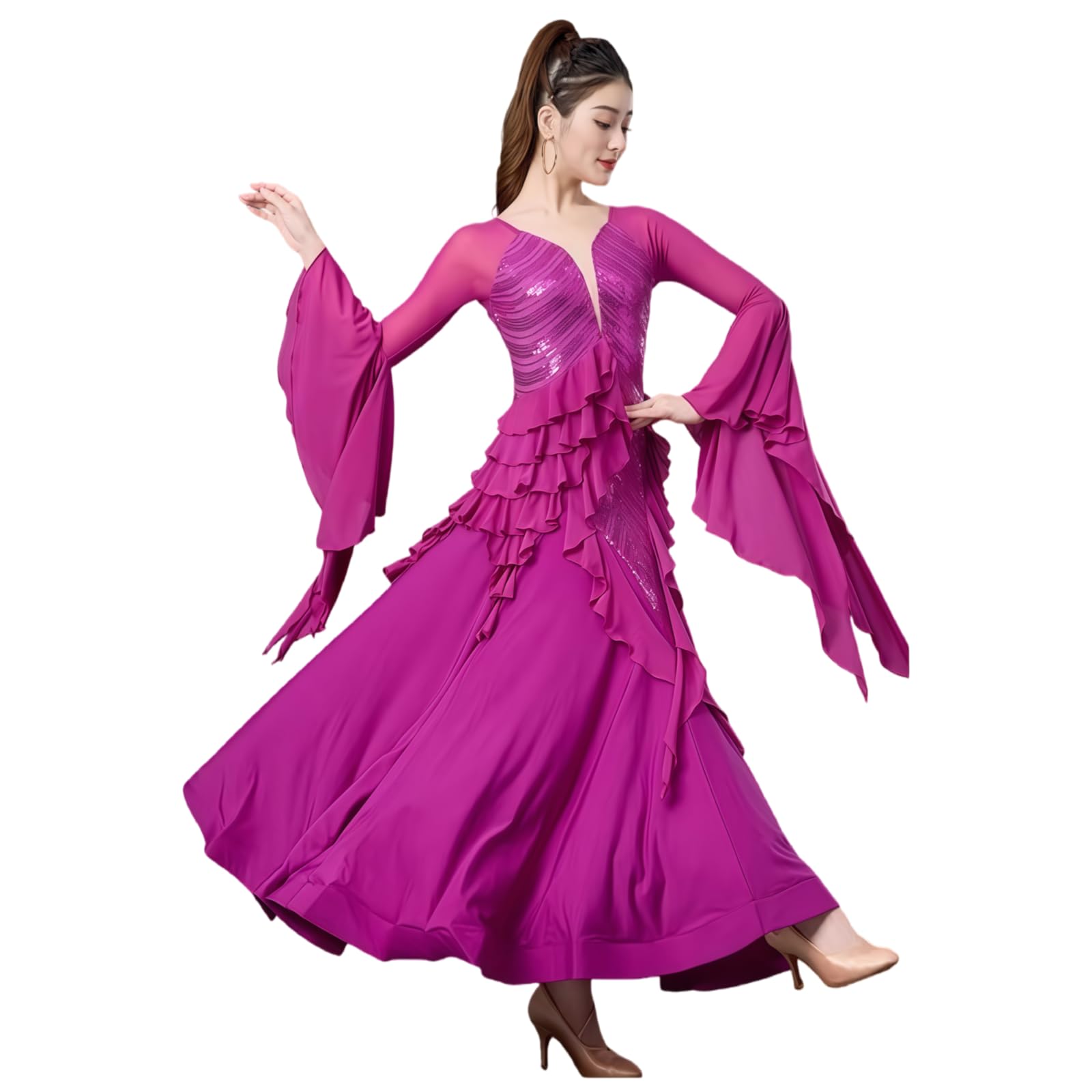 Damen Standard Ballroom Tanzkleid, Elegantes Langarm Tanzkleid Mit V-Ausschnitt, Pailletten Und Fließendem Rock Für Walzer Tango Foxtrott Training Und Turnier