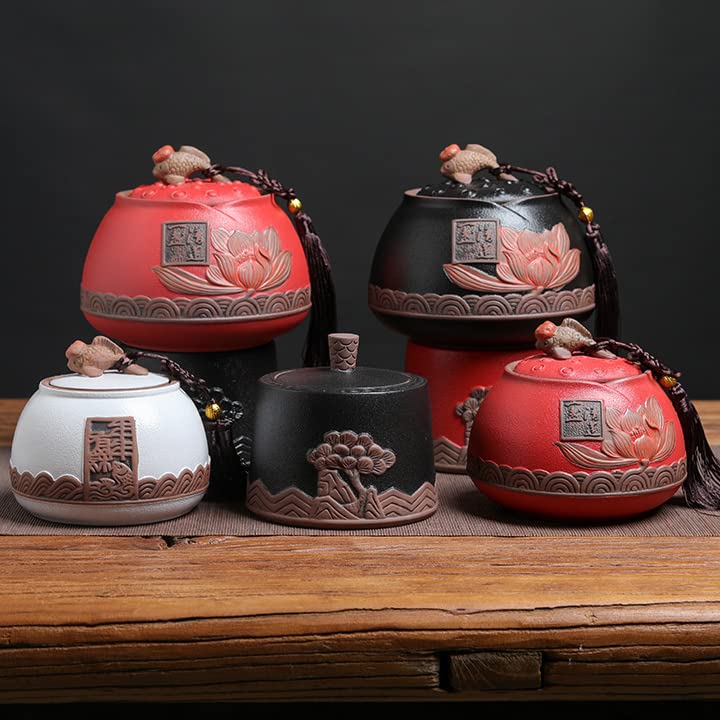 Słoiki do przechowywania w stylu chińskim vintage, słoiki ceramiczne puszki na herbatę Vintage słoik kanister tradycyjne zamknięte pokrywki, czerwony(Red)