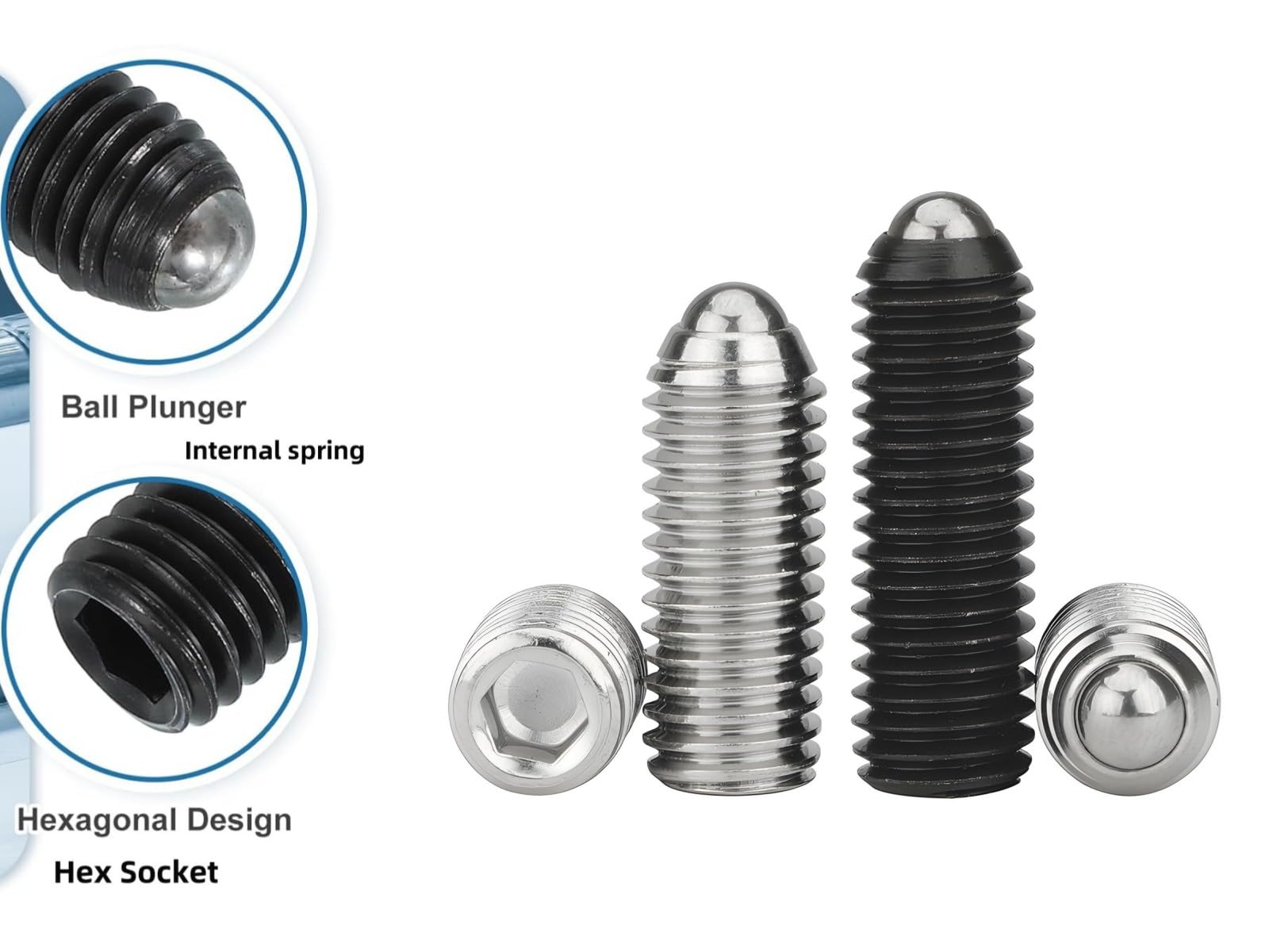 40pcs Émbolos internos hexagonales roscados con punta esférica y resorte en acero aleado,grado 12.9,Tornillos prisioneros de cabeza esférica (M6 x 30mm)