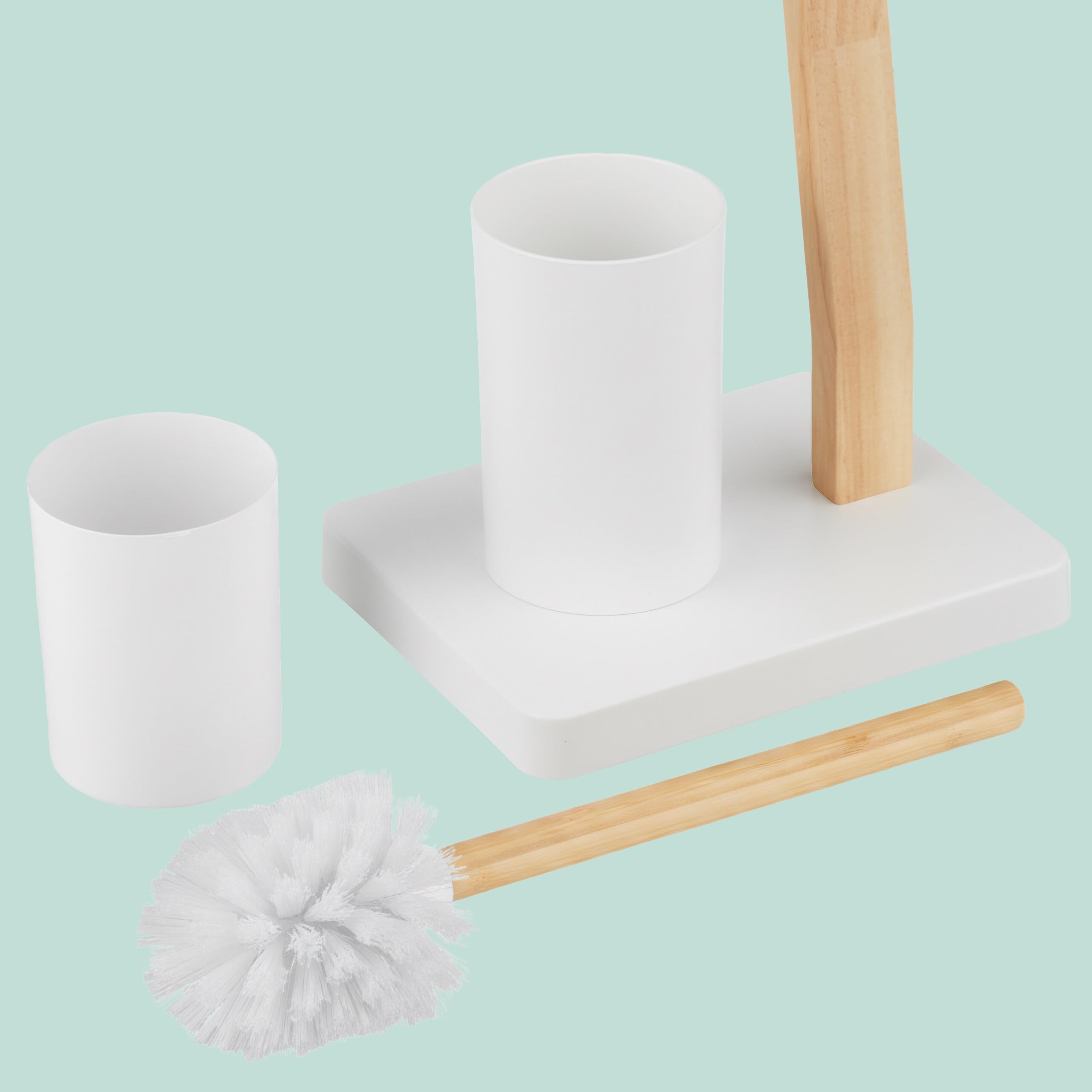 Relaxdays Piantana Portarotolo e Portascopino da Bagno, Rotolo Carta Igienica, HLP: 78,5x23x18 cm, Legno e Ferro, Bianco