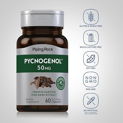 Miniatura 3 de Piping Rock Suplemento de Pycnogenol | 50 mg | 60 cápsulas | Extracto de corteza de pino marítimo francés | Pinus Pinaster para hombres y mujeres |