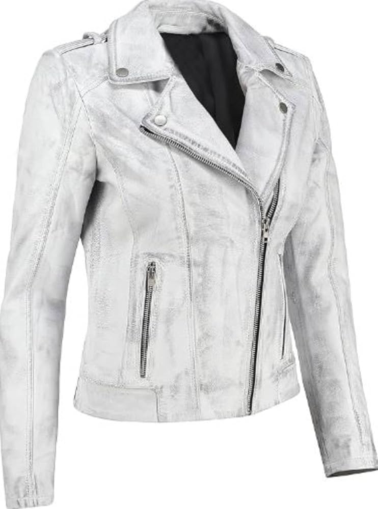 Bunochi Store DIstressed White Leather Jacket For Women | New 