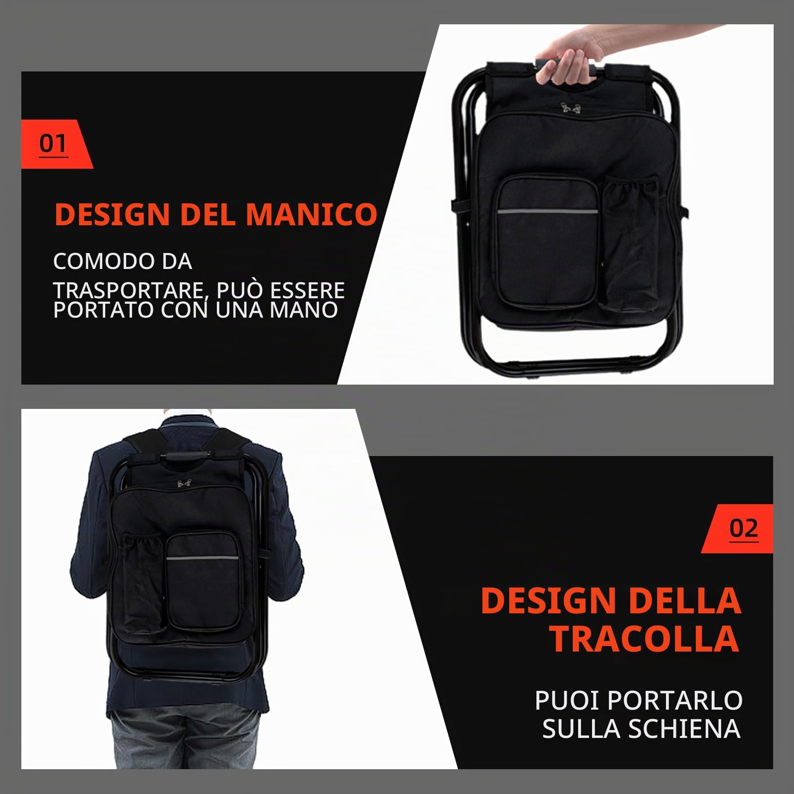 Sedia Zaino Portatile con Borsa Termica in Tessuto, Pieghevole, Trasportabile, Leggera, Tessuto Oxford in PVC 600D, Borsa da Trekking per Attività Escursionistiche All'aperto (52 x 36 x 5 cm)